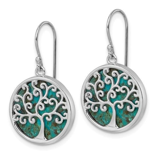 Sterling Silver Rhodium-Plated Turquoise Tree Of Life Drop Earrings