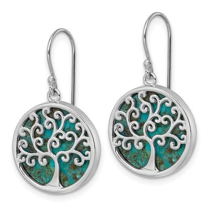 Sterling Silver Rhodium-Plated Turquoise Tree Of Life Drop Earrings