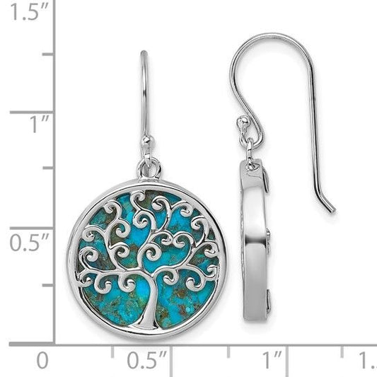 Sterling Silver Rhodium-Plated Turquoise Tree Of Life Drop Earrings