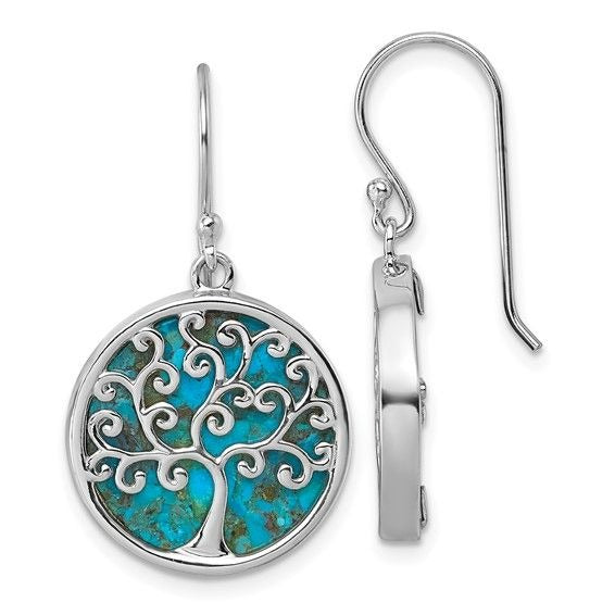 Sterling Silver Rhodium-Plated Turquoise Tree Of Life Drop Earrings