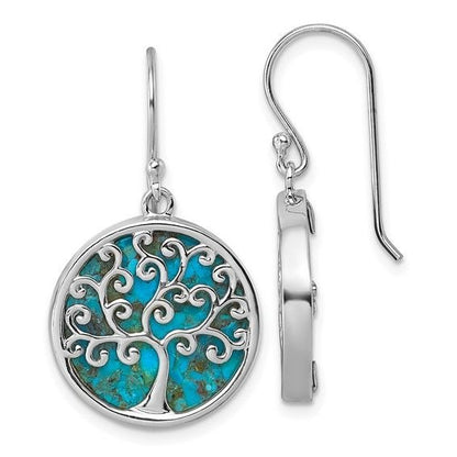 Sterling Silver Rhodium-Plated Turquoise Tree Of Life Drop Earrings