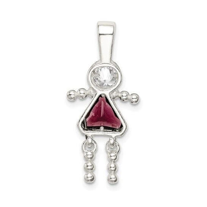 Sterling Silver Rhodium CZ and Birthstone Purple February Glass Girl Pendant