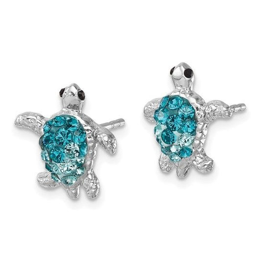 Sterling Silver Rhodium-Plated Blue Crystal Turtle Post Earrings 925