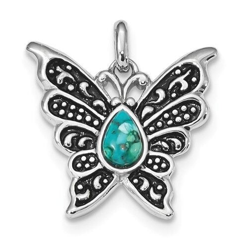 RHODIUM OXIDIZED TURQUOISE BUTTERFLY PENDANT REAL SOLID STERLING SILVER