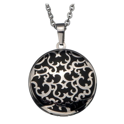 Stainless Steel IP Black Round Locket Pendant Filigree Design On 16-18 Inch Chain