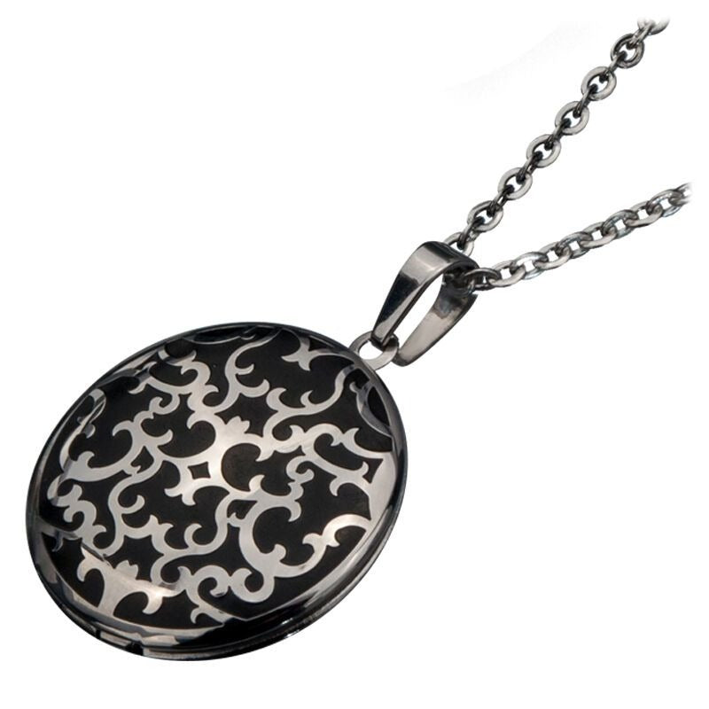 Stainless Steel IP Black Round Locket Pendant Filigree Design On 16-18 Inch Chain