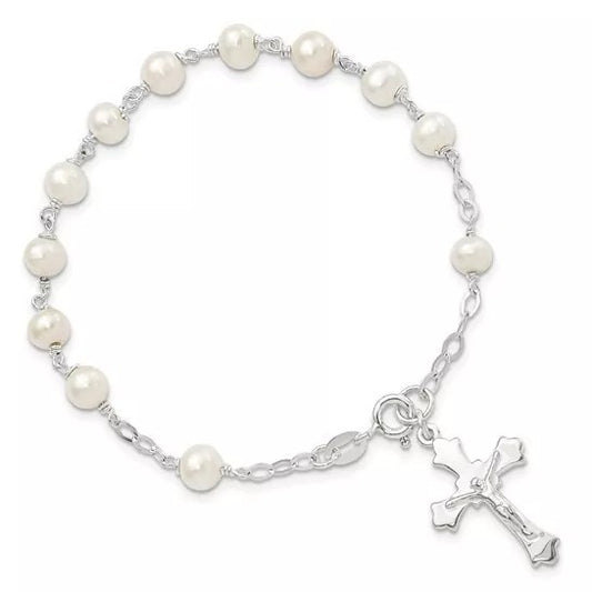 Sterling Silver & Freshwater Cultured Pearl Rosary Bracelet 7.5" Cross Charm