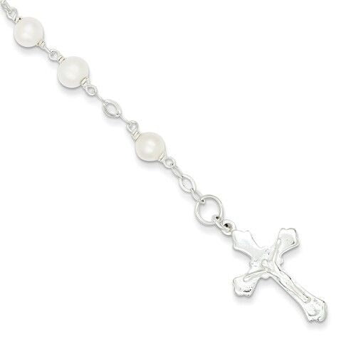Sterling Silver & Freshwater Cultured Pearl Rosary Bracelet 7.5" Cross Charm
