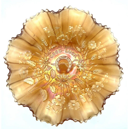 Vintage Northwood Carnival Glass Marigold "Good Luck" Bowl With Embossed Floral & Horseshoe Design