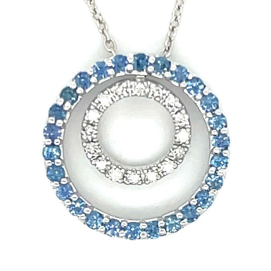 14K White Gold Blue Sapphire & Diamond Circle Pendant Necklace 18"