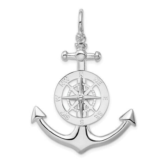 Sterling Silver Rhodium-Plated Polished 3D Large Anchor with Compass Pendant