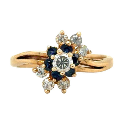 Cubic Zirconia & Sapphire Floral 14K Yellow Gold Ring 3.6g Size 6.25