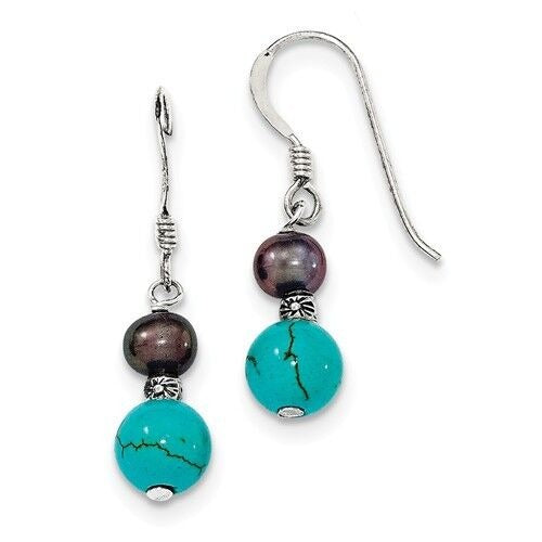 Freshwater Black Pearl & Turquoise Dangle Earrings Real Solid .925 Sterling Silver 32mm Length