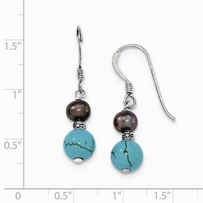 Freshwater Black Pearl & Turquoise Dangle Earrings Real Solid .925 Sterling Silver 32mm Length