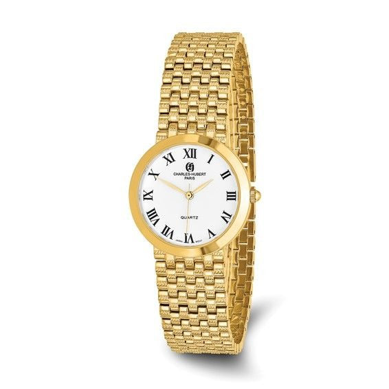 Mens Charles Hubert Satin Gold Finish Brass 32mm Watch With Roman Numerals & Quartz Movement