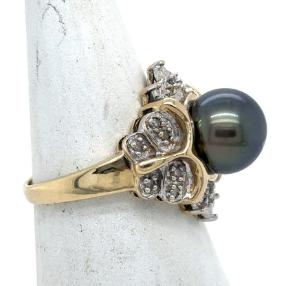 Black Pearl and Diamond Accented 14k Yellow Gold Ring 5.2g Size 6