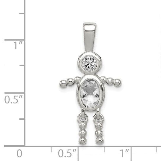 Sterling Silver Rhodium-plated CZ and Birthstone Clear April Glass Boy Pendant