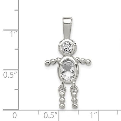 Sterling Silver Rhodium-plated CZ and Birthstone Clear April Glass Boy Pendant