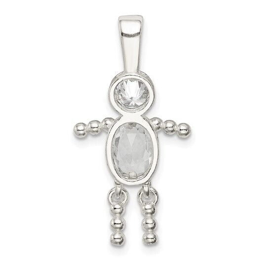 Sterling Silver Rhodium-plated CZ and Birthstone Clear April Glass Boy Pendant