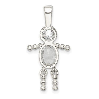 Sterling Silver Rhodium-plated CZ and Birthstone Clear April Glass Boy Pendant