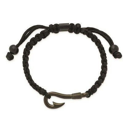 Stainless Steel Gunmetal IP-Plated Fishing Hook Black Nylon Adjustable Bracelet