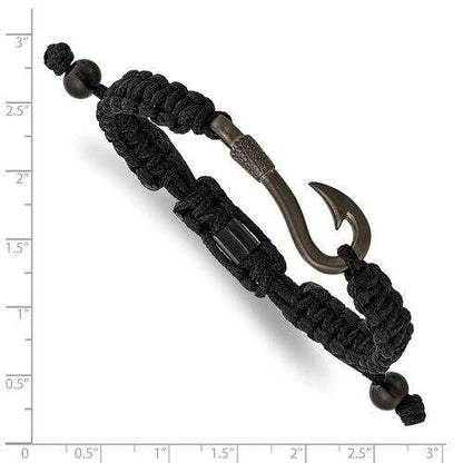Stainless Steel Gunmetal IP-Plated Fishing Hook Black Nylon Adjustable Bracelet