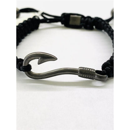 Stainless Steel Gunmetal IP-Plated Fishing Hook Black Nylon Adjustable Bracelet