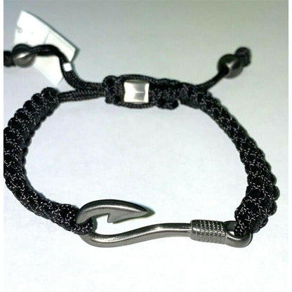 Stainless Steel Gunmetal IP-Plated Fishing Hook Black Nylon Adjustable Bracelet