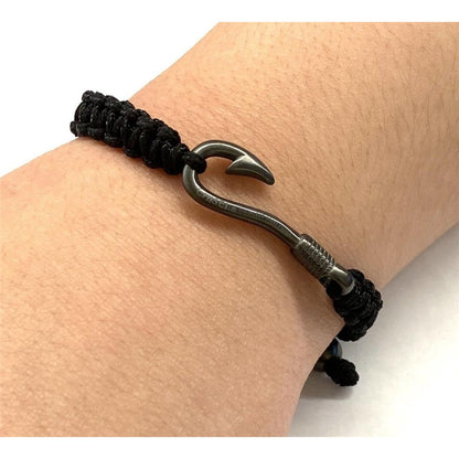 Stainless Steel Gunmetal IP-Plated Fishing Hook Black Nylon Adjustable Bracelet