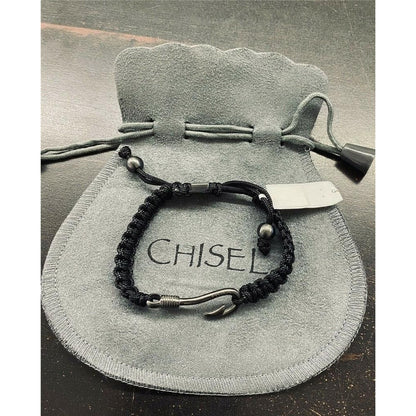 Stainless Steel Gunmetal IP-Plated Fishing Hook Black Nylon Adjustable Bracelet