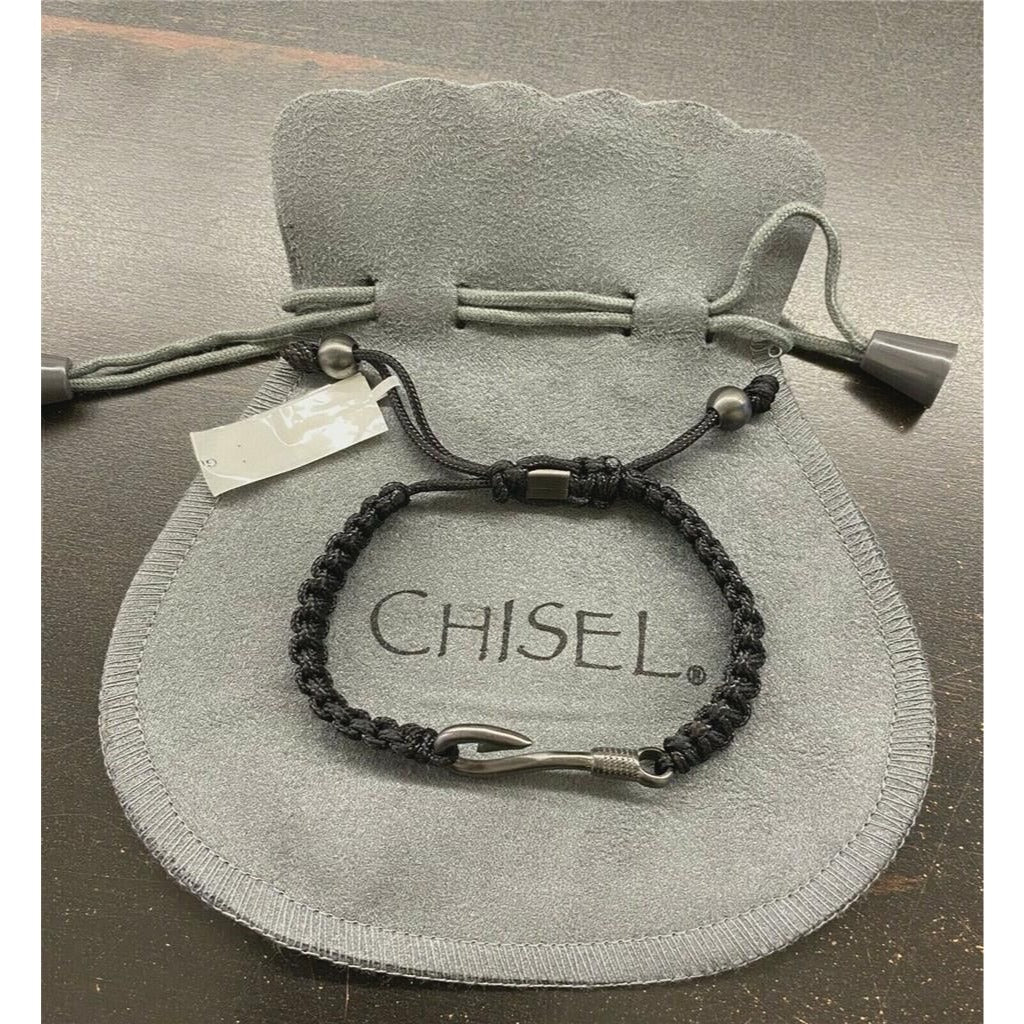 Stainless Steel Gunmetal IP-Plated Fishing Hook Black Nylon Adjustable Bracelet