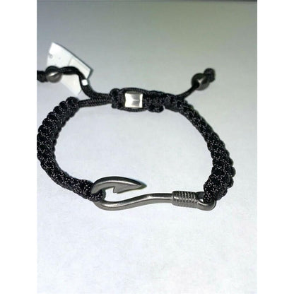 Stainless Steel Gunmetal IP-Plated Fishing Hook Black Nylon Adjustable Bracelet