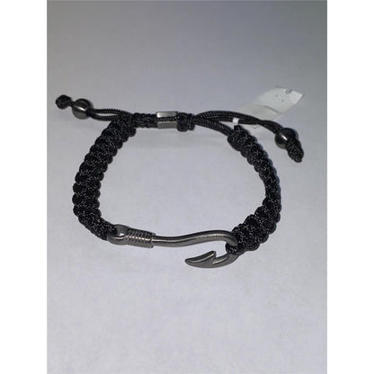 Stainless Steel Gunmetal IP-Plated Fishing Hook Black Nylon Adjustable Bracelet