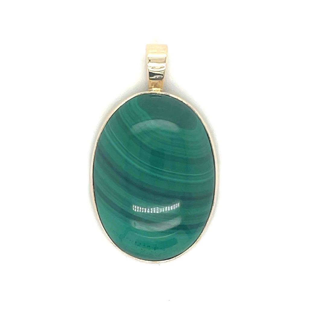 Malachite Solitaire Oval Pendant Solid 14K Yellow Gold 7.4g