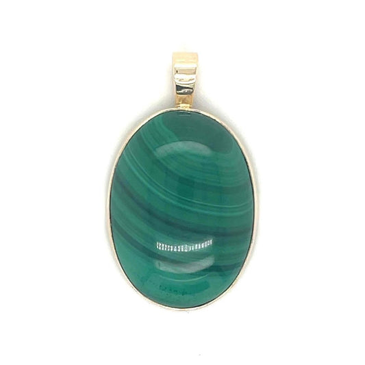 Malachite Solitaire Oval Pendant Solid 14K Yellow Gold 7.4g
