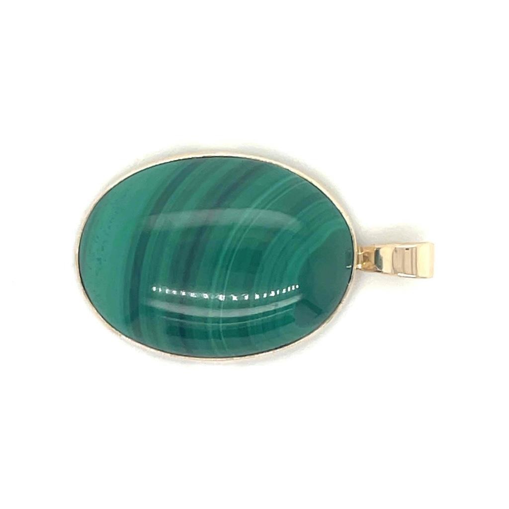 Malachite Solitaire Oval Pendant Solid 14K Yellow Gold 7.4g