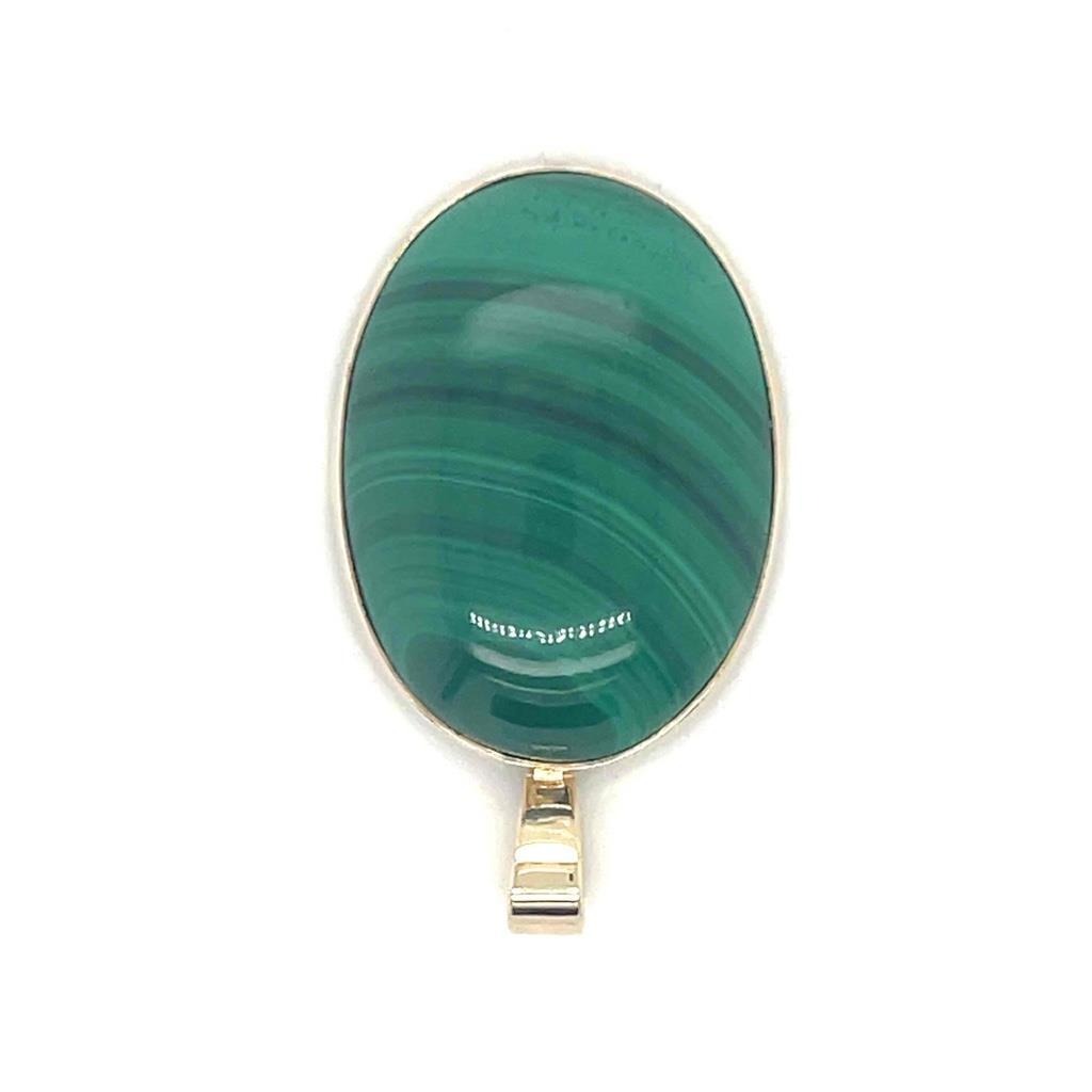 Malachite Solitaire Oval Pendant Solid 14K Yellow Gold 7.4g