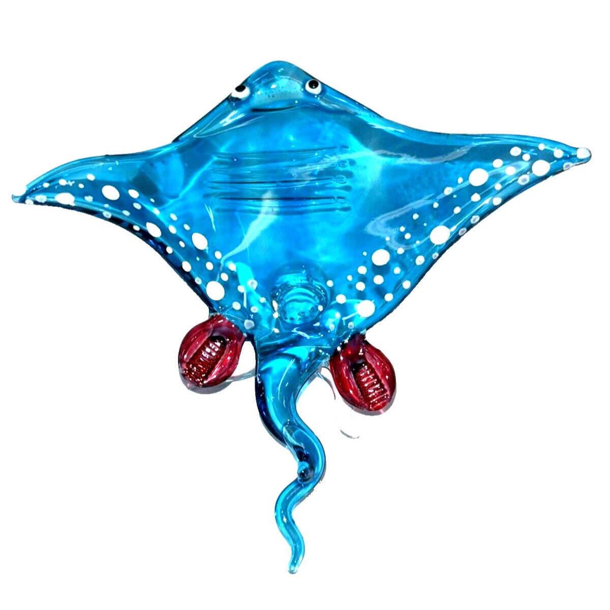 Miniature Hand Blown Glass Stingray Figurine 3¾" Light Blue Glittering Red Dots Sea Rays