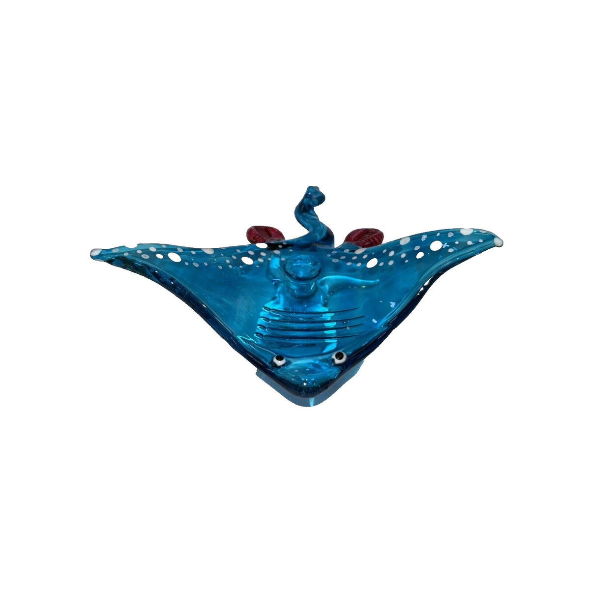 Miniature Hand Blown Glass Stingray Figurine 3¾" Light Blue Glittering Red Dots Sea Rays