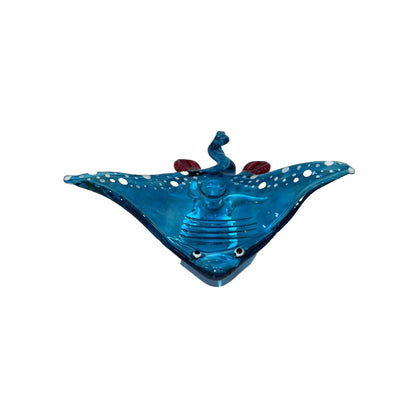 Miniature Hand Blown Glass Stingray Figurine 3¾" Light Blue Glittering Red Dots Sea Rays