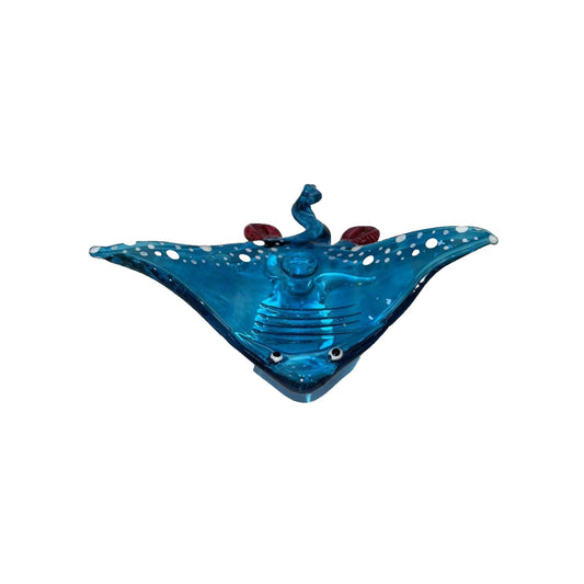 Miniature Hand Blown Glass Stingray Figurine 3¾" Light Blue Glittering Red Dots Sea Rays