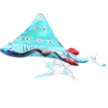 Miniature Hand Blown Glass Stingray Figurine 3¾" Light Blue Glittering Red Dots Sea Rays