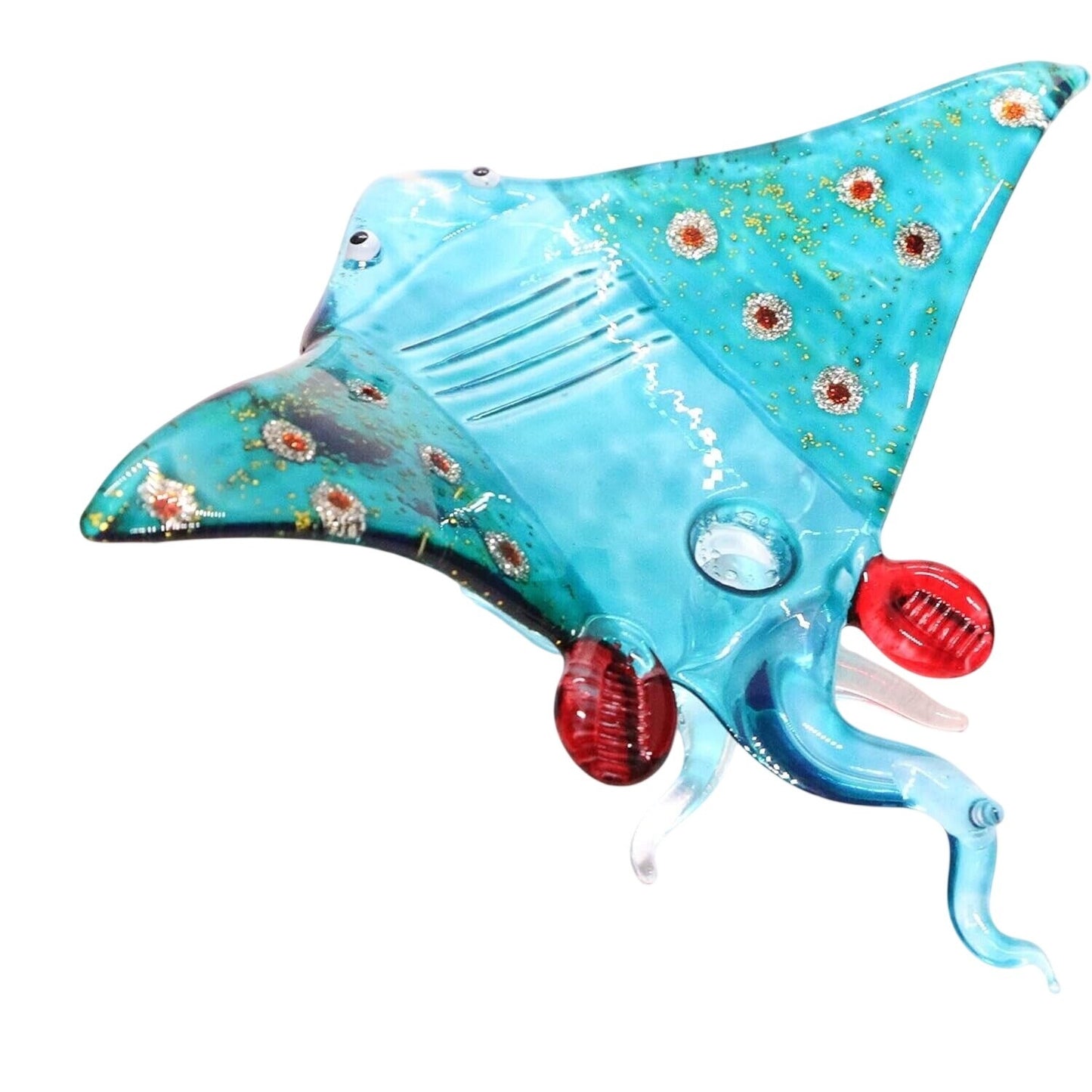 Miniature Hand Blown Glass Stingray Figurine 3¾" Light Blue Glittering Red Dots Sea Rays