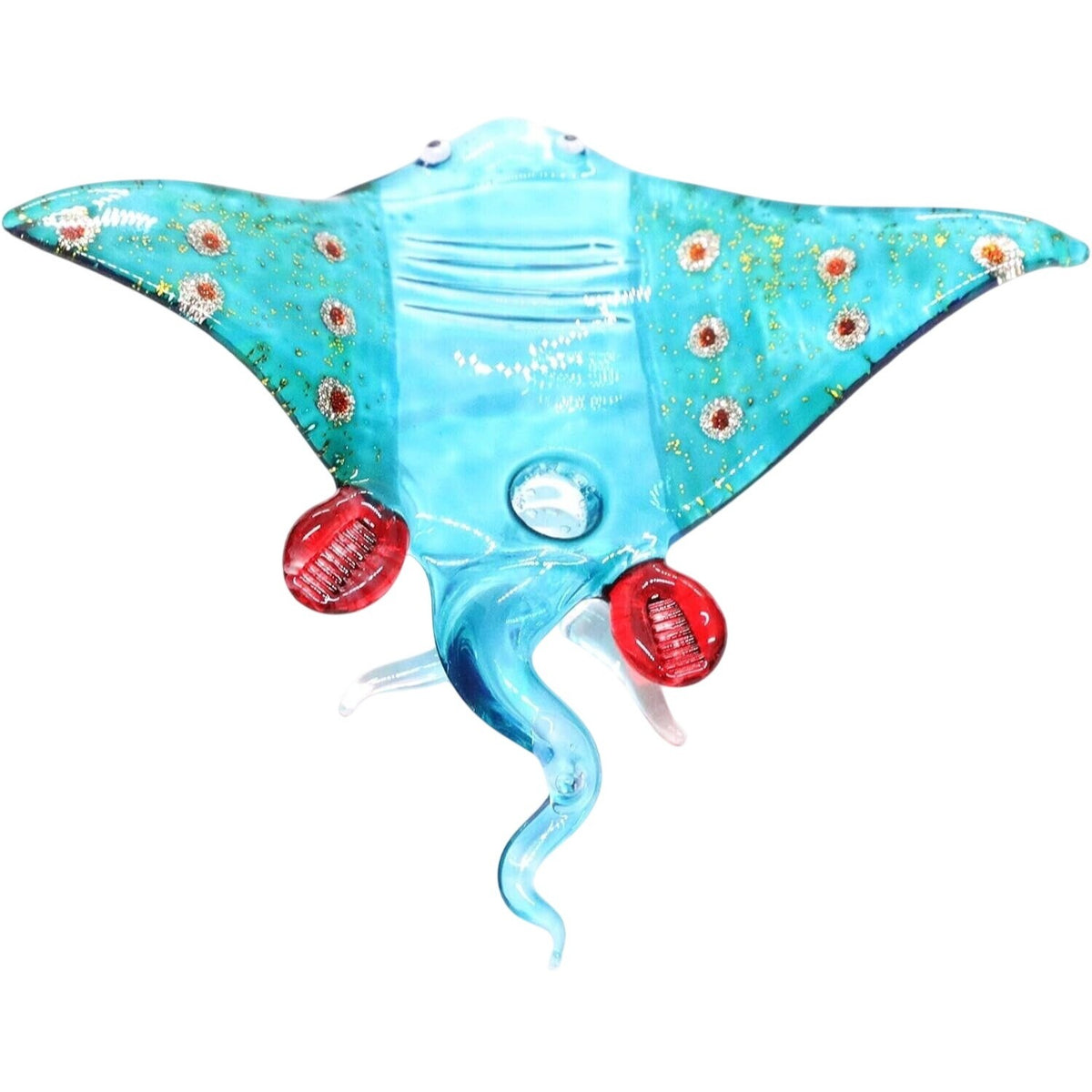 Miniature Hand Blown Glass Stingray Figurine 3¾" Light Blue Glittering Red Dots Sea Rays