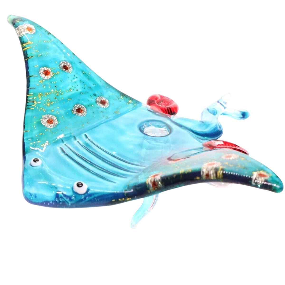 Miniature Hand Blown Glass Stingray Figurine 3¾" Light Blue Glittering Red Dots Sea Rays