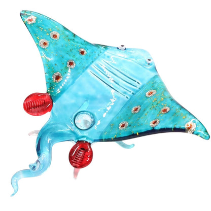 Miniature Hand Blown Glass Stingray Figurine 3¾" Light Blue Glittering Red Dots Sea Rays