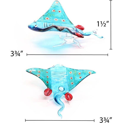 Miniature Hand Blown Glass Stingray Figurine 3¾" Light Blue Glittering Red Dots Sea Rays