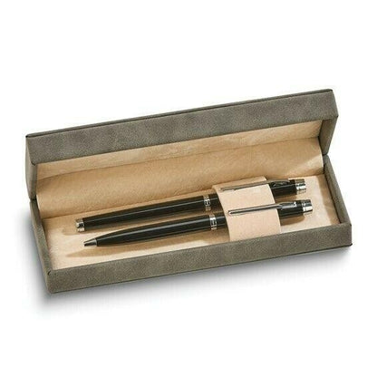 Elegant Gray Faux Leather Pen Gift Set With Ballpoint & Rollerball Pens