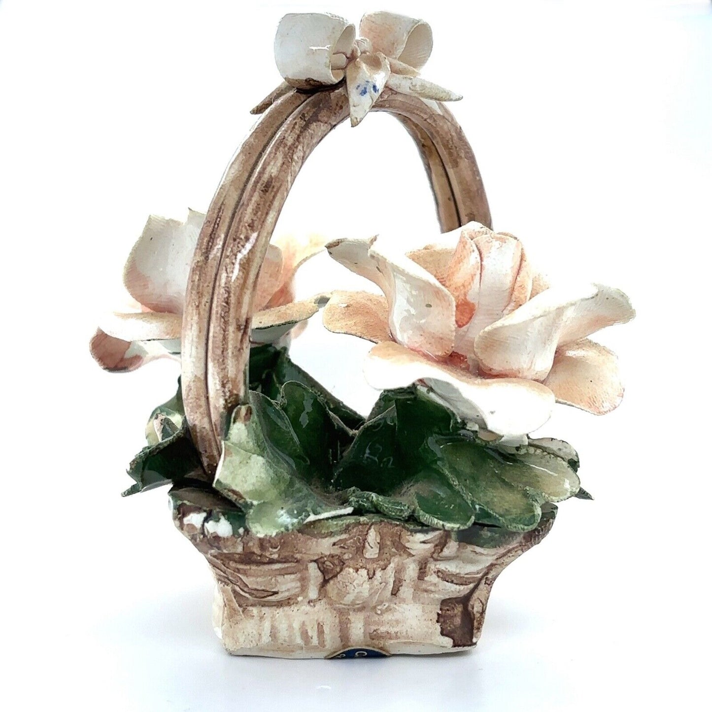 Vintage Capodimonte White Roses Flower Basket Made in Italy 5" Tall