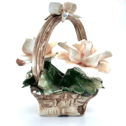 Vintage Capodimonte White Roses Flower Basket Made in Italy 5" Tall
